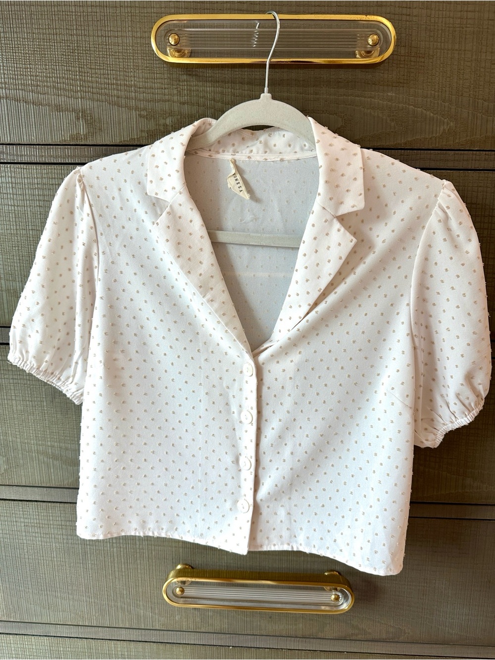 White Polka Dot Cropped Button-Up with Short  Puff Sleeve